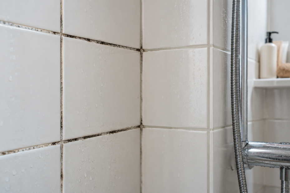 Angle de douche carrelé avec des joints noircis et des gouttes d’eau